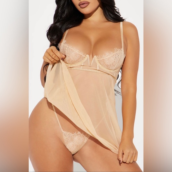Shine for Me Mesh Babydoll Set in Champagne Size Small - Picture 2 of 8